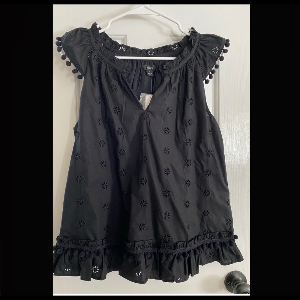 J. Crew Black Eyelet pom-pom top in cotton poplin medium